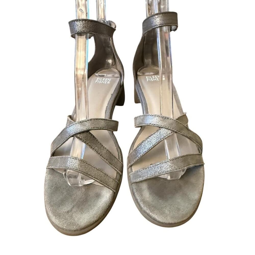 Eileen Fisher Noni Stappy Sandal Heel Silver Leather Women size 7 - Picture 2 of 5